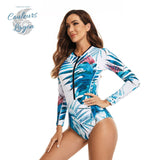 Combi Surf Manches Longues Push-Up Bleu Floral Palmier MONSTERA - Couleurs Lagon - avant gauche