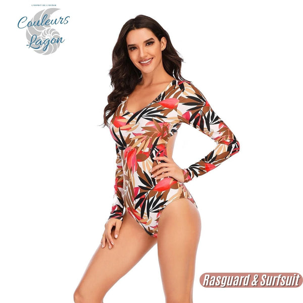 Combi Surf Manches Longues Push-Up Dos Nu Floral Blanc HELICONIA - Couleurs Lagon - avant gauche