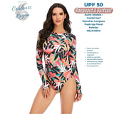 Combi Surf Manches Longues Push-Up Dos Nu Floral Blanc HELICONIA - Couleurs Lagon - caractéristiques