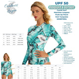 Combi Surf Manches Longues Push-Up Floral Vert Turquoise MONSTERA - Couleurs Lagon - tailles et avantages