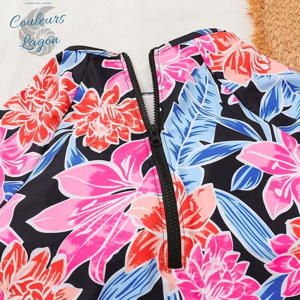Combi Surf Manches Longues ROSE ALOA - Couleurs Lagon - gros plan zip