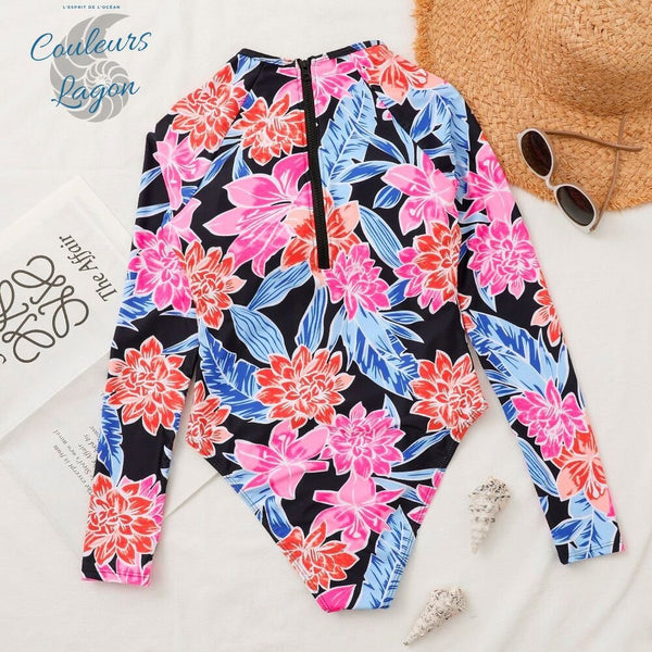 Combi Surf Manches Longues ROSE ALOA - Couleurs Lagon - dos a plat