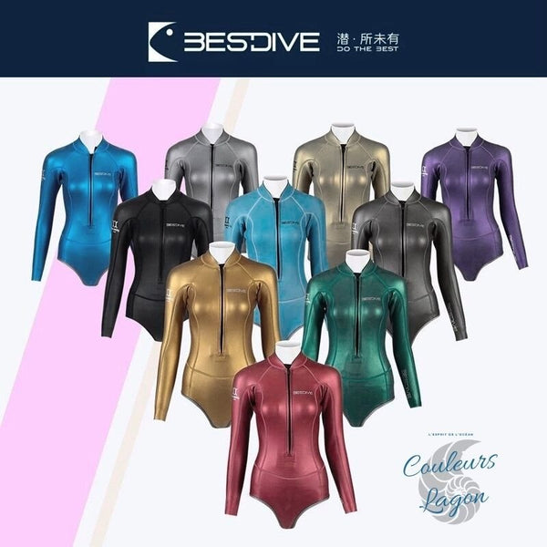 10 couleurs - Combinaison Bikini Neoprene 2mm UPF50+ Manches Longues Zip Avant Peau Lisse II - Couleurs Lagon