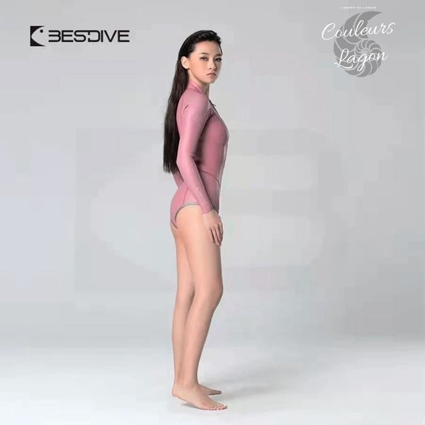 rose droite - Combinaison Bikini Neoprene 2mm UPF50+ Manches Longues Zip Avant Peau Lisse III - Couleurs Lagon