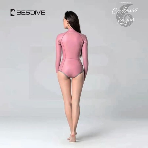 dos rose - Combinaison Bikini Neoprene 2mm UPF50+ Manches Longues Zip Avant Peau Lisse III - Couleurs Lagon