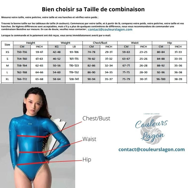 tailles - Combinaison Dos Nu Neoprene 2mm UPF50+ Manches Longues Peau Lisse - Couleurs Lagon