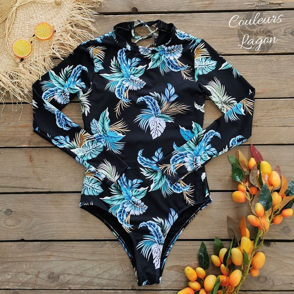 Combinaison Lycra Rashguard Manches Longues Dos Nu CrissCross Bleu Floral - Couleurs Lagon - a plat avant