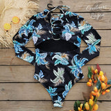 Combinaison Lycra Rashguard Manches Longues Dos Nu CrissCross Bleu Floral - Couleurs Lagon - a plat dos