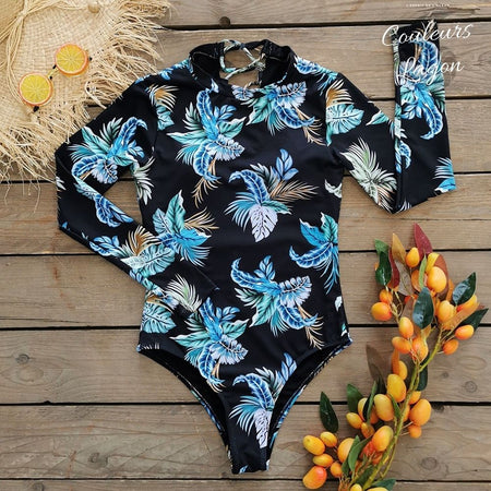 Combinaison Lycra Rashguard Manches Longues Dos Nu CrissCross Bleu Floral - Couleurs Lagon - a plat devant - avant a plat