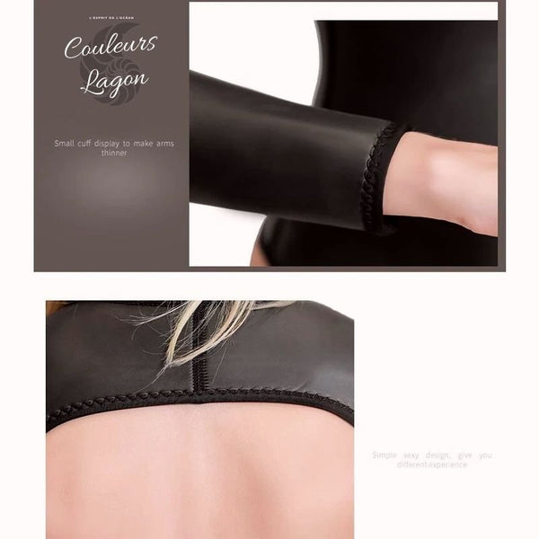 détail finition manche et col - Combinaison Neoprene 3mm UPF50+ Manches Longues Dos Nu - Couleurs Lagon