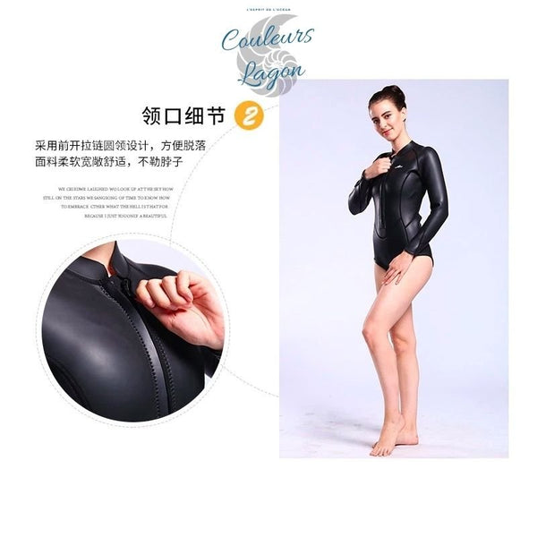 détails finition zip avant pratique - Combinaison Neoprene 3mm UPF50+ Manches Longues Zip Avant - Couleurs Lagon