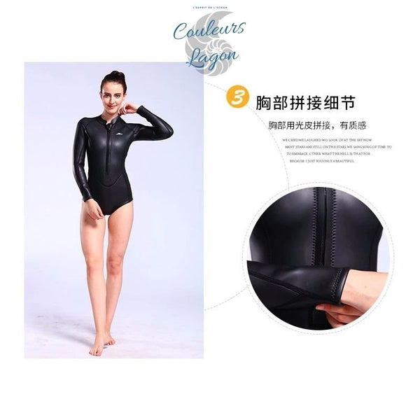 détails finition manche - Combinaison Neoprene 3mm UPF50+ Manches Longues Zip Avant - Couleurs Lagon