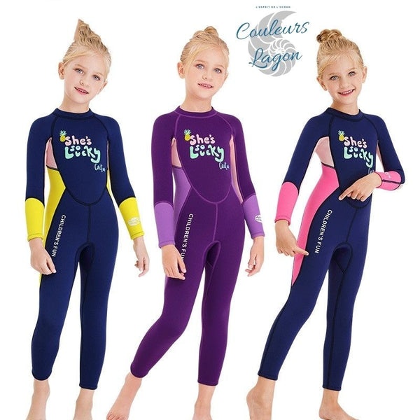 jaune rose violet - Combinaison Néoprene Enfants 2,5mm UPF50+ Zip Dorsal - Couleurs Lagon