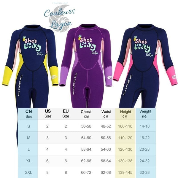 tailles - Combinaison Néoprene Enfants 2,5mm UPF50+ Zip Dorsal - Couleurs Lagon