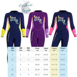 tailles - Combinaison Néoprene Enfants 2,5mm UPF50+ Zip Dorsal - Couleurs Lagon