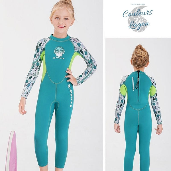 avant et dos vert - Combinaison Néoprène Enfants 2,5mm UPF50+ Zip Dorsal Coquillage - Couleurs Lagon