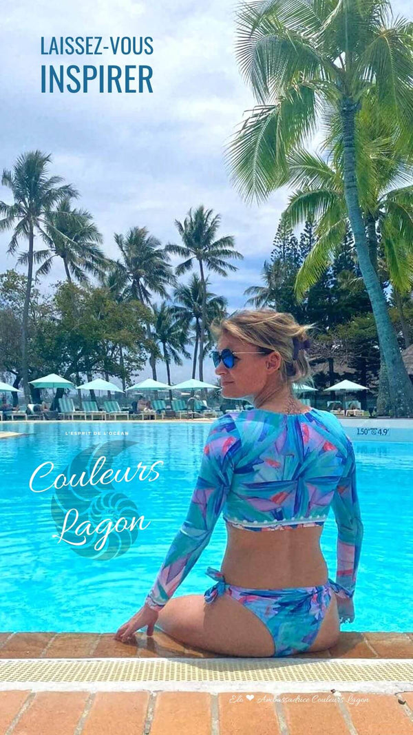 CropTop Surf Push-Up Manches Longues et Tangua Floral BRASIL - Couleurs Lagon - dos piscine IS