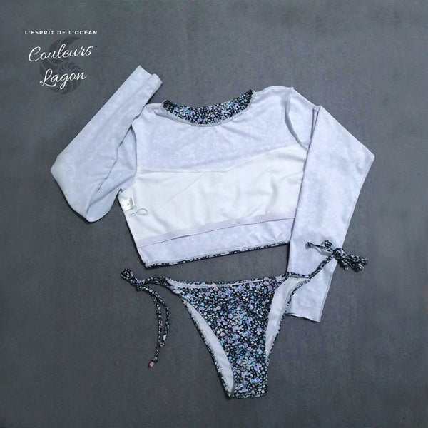 Ensemble Bikini Rashguard Manche Longue LITTLE BLUE FLOWERS - Couleurs Lagon - bonnets amovibles