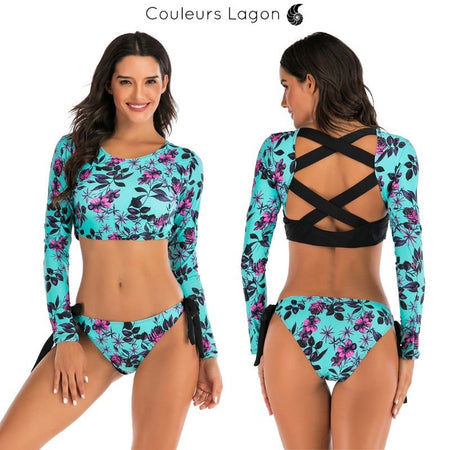 Ensemble Bikini UV Rashguard Manche Longue FLOWERS - Couleurs Lagon - avant et dos