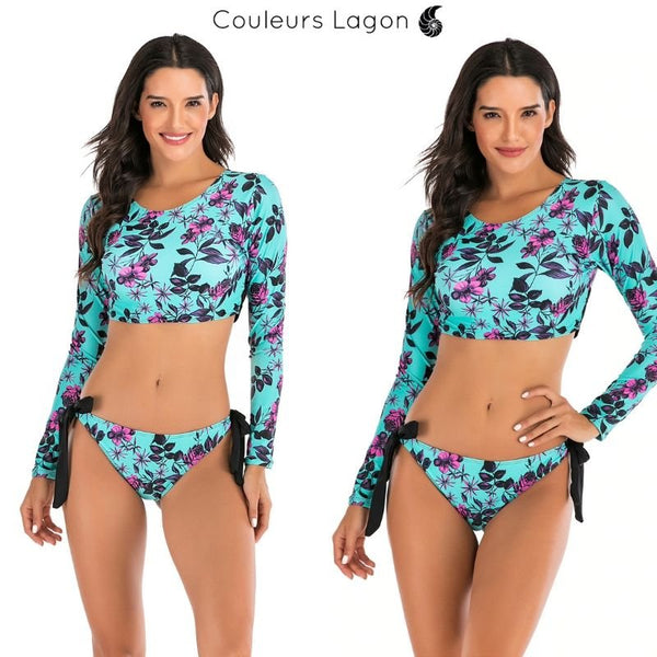 Ensemble Bikini UV Rashguard Manche Longue FLOWERS - Couleurs Lagon - avant