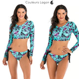 Ensemble Bikini UV Rashguard Manche Longue FLOWERS - Couleurs Lagon - avant