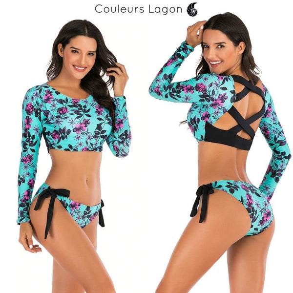 Ensemble Bikini UV Rashguard Manche Longue FLOWERS - Couleurs Lagon - avant et dos 3/4