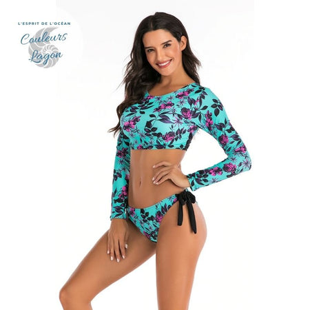 Ensemble Bikini UV Rashguard Manche Longue FLOWERS - Couleurs Lagon - avant attache latérale