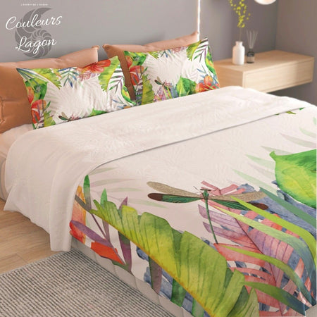 Ensemble housse de couette et taies d'oreiller US COULEURS LAGON FLORAL HIBISCUS - Couleurs Lagon