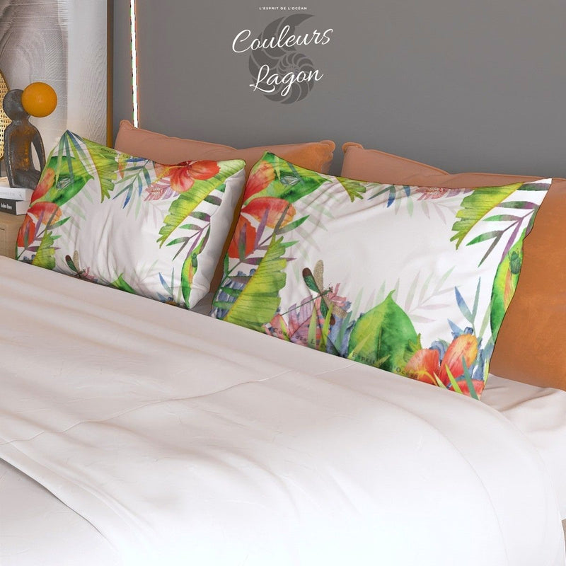 Ensemble housse de couette et taies d'oreiller US COULEURS LAGON FLORAL HIBISCUS - Couleurs Lagon