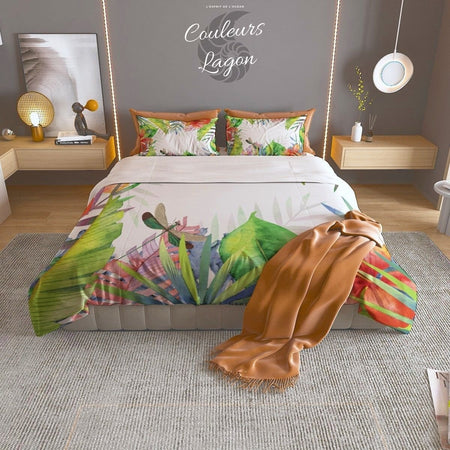Ensemble housse de couette et taies d'oreiller US COULEURS LAGON FLORAL HIBISCUS - Couleurs Lagon