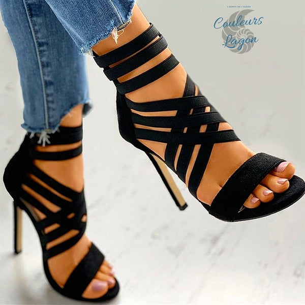 avant droit - Escarpins sexy à talons hauts et bandes élastiques croisées ROMA - Couleurs Lagon