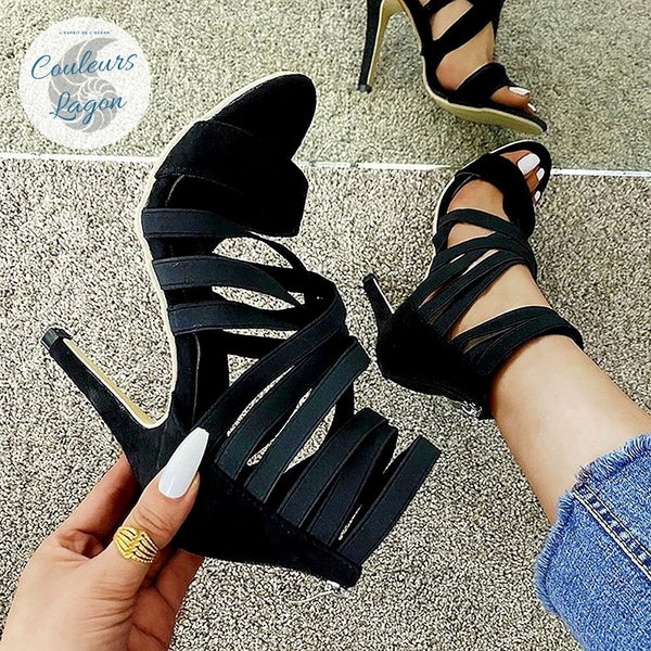 dans la main zip tallon - Escarpins sexy à talons hauts et bandes élastiques croisées ROMA - Couleurs Lagon