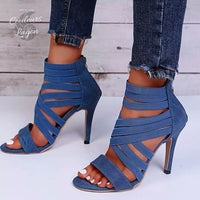 plan gauche - Escarpins sexy à talons hauts et bandes élastiques croisées ROMA BLEU JEANS - Couleurs Lagon