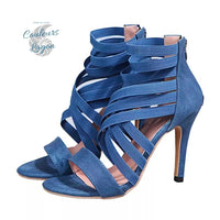 gros plan gauche 2 - Escarpins sexy à talons hauts et bandes élastiques croisées ROMA BLEU JEANS - Couleurs Lagon
