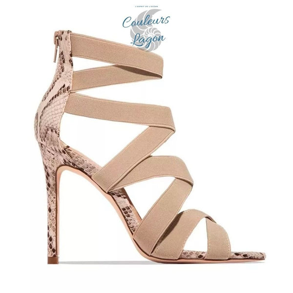 kaki profil droit - Escarpins sexy T10,5cm et bandes élastiques croisées PEAU DE SERPENT - Couleurs Lagon