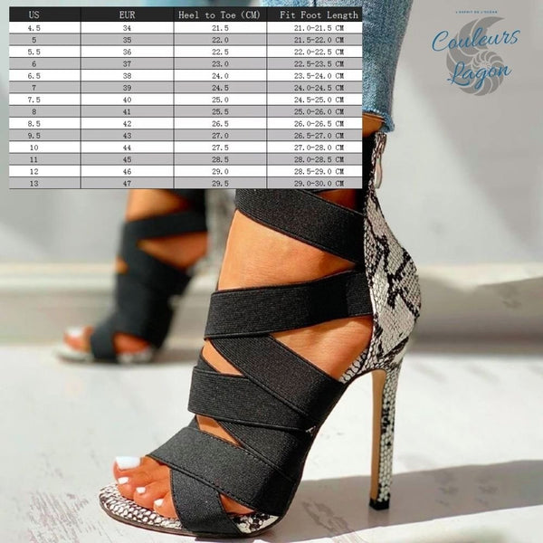 tailles - Escarpins sexy T10,5cm et bandes élastiques croisées PEAU DE SERPENT - Couleurs Lagon