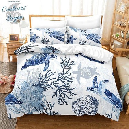 Housse de couette 3 pièces BLANC BLEU Tortues Gorgones - Couleurs Lagon