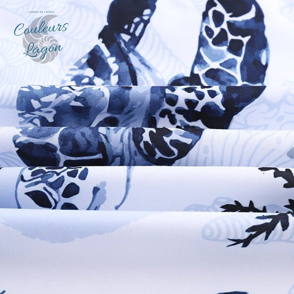 Housse de couette 3 pièces BLANC BLEU Tortues Gorgones - Couleurs Lagon