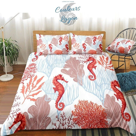 Housse de couette 3 pièces BLANC ROUGE Hippocampes Gorgones - Couleurs Lagon