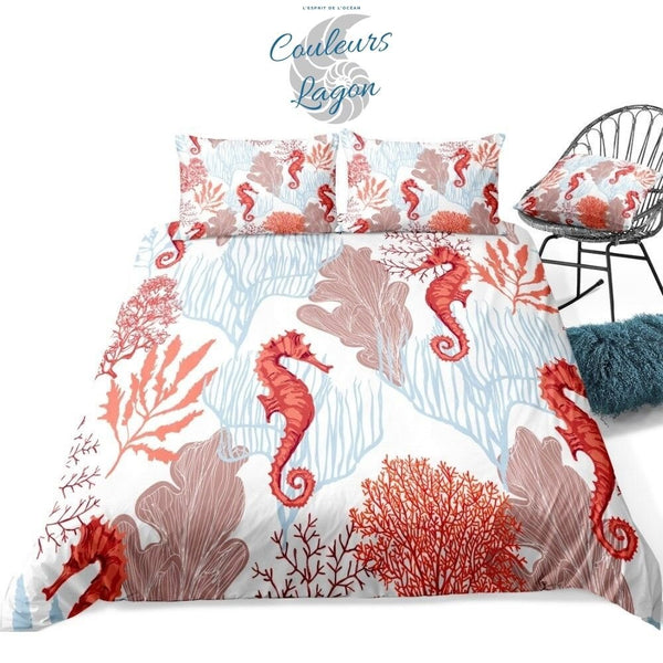 Housse de couette 3 pièces BLANC ROUGE Hippocampes Gorgones - Couleurs Lagon