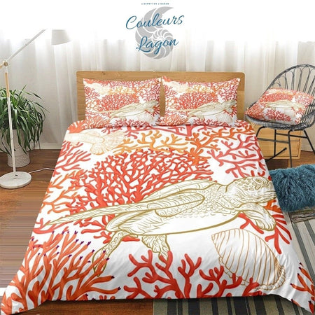 Housse de couette 3 pièces BLANC ROUGE Tortue Gorgones - Couleurs Lagon