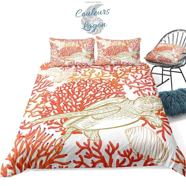 Housse de couette 3 pièces BLANC ROUGE Tortue Gorgones - Couleurs Lagon