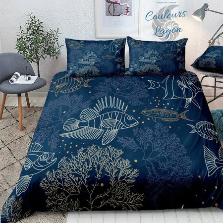 Housse de couette 3 pièces BLEU COBALT Poissons Gorgones - Couleurs Lagon
