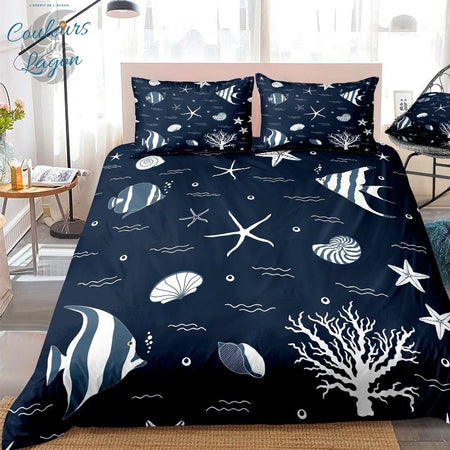 Housse de couette 3 pièces BLEU NUIT Etoile de Mer - Couleurs Lagon