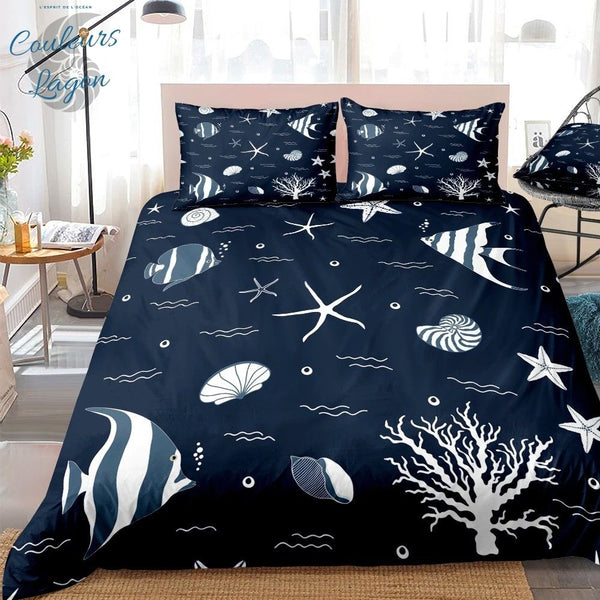 Housse de couette 3 pièces BLEU NUIT Etoile de Mer - Couleurs Lagon