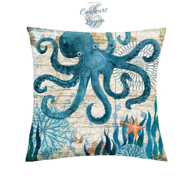 Housse de coussin Vie et Carte Marine 45cm 18" - Couleurs Lagon