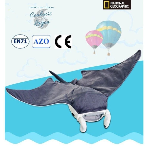 Jouet Peluche Raie Manta National Geographic 26x47cm - Couleurs Lagon - certif EN71 AZO CE