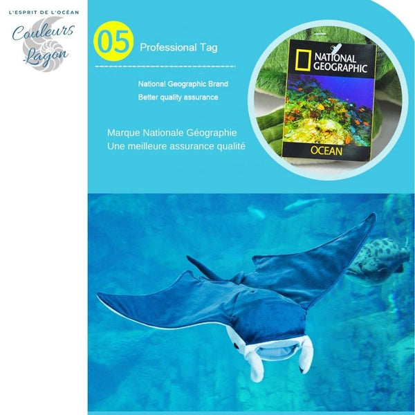 Jouet Peluche Raie Manta National Geographic 26x47cm - Couleurs Lagon - assurance qté NG OCEAN