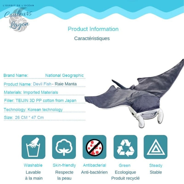 Jouet Peluche Raie Manta National Geographic 26x47cm - Couleurs Lagon - carcateristiques