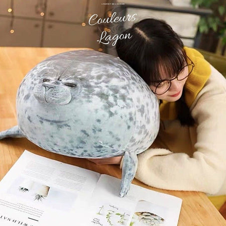 Jouet Peluche Réaliste Grands Phoques 30-80cm - Couleurs Lagon - coussin gris